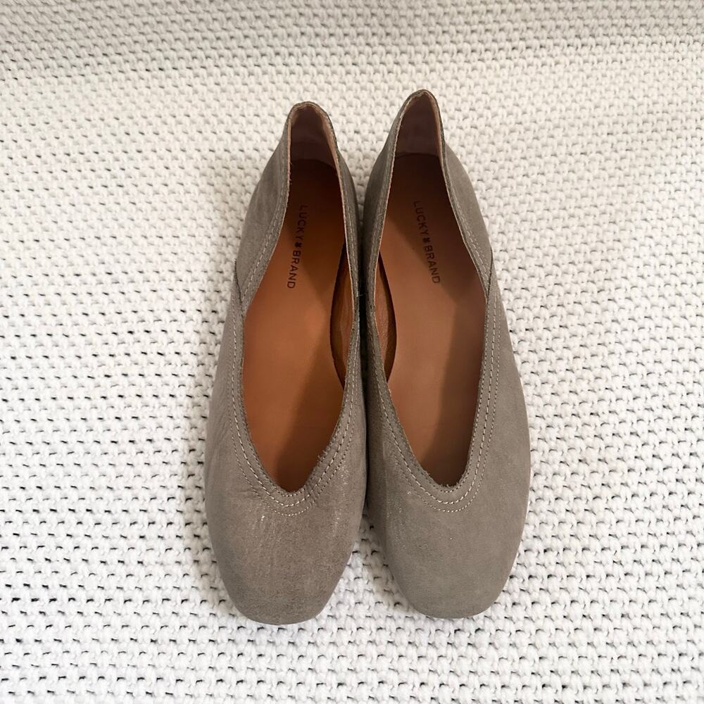 Lucky Brand Alba Taupe Gray Shimmer Suede Leather Squared Toe Ballet Flats 8 - Picture 3 of 8